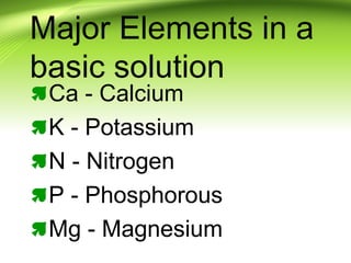 Major Elements in a
basic solution
Ca - Calcium
K - Potassium
N - Nitrogen
P - Phosphorous
Mg - Magnesium