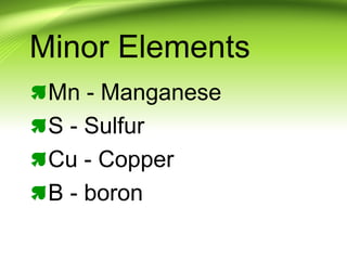 Minor Elements
Mn - Manganese
S - Sulfur
Cu - Copper
B - boron