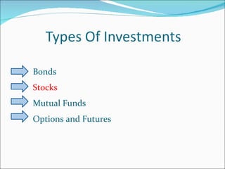 Bonds  Stocks Mutual Funds  Options and Futures  