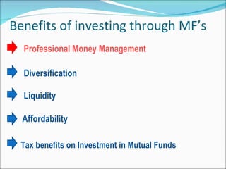 Benefits of investing through MF’s Professional Money Management  Diversification  Liquidity    Affordability   Tax benefits on Investment in Mutual Funds  