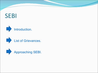 Introduction. List of Grievances. Approaching SEBI. 