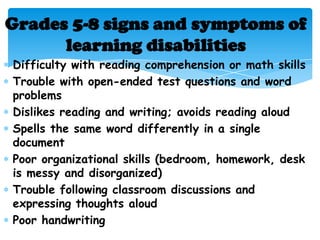 Grades 5-8 signs and symptoms of
      learning disabilities
Difficulty with reading comprehension or math skills
Trouble with open-ended test questions and word
problems
Dislikes reading and writing; avoids reading aloud
Spells the same word differently in a single
document
Poor organizational skills (bedroom, homework, desk
is messy and disorganized)
Trouble following classroom discussions and
expressing thoughts aloud
Poor handwriting
 
