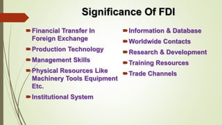 Significance Of FDI 
Financial Transfer In 
Foreign Exchange 
Production Technology 
Management Skills 
Physical Resources Like 
Machinery Tools Equipment 
Etc. 
Institutional System 
Information & Database 
Worldwide Contacts 
Research & Development 
Training Resources 
Trade Channels 
 