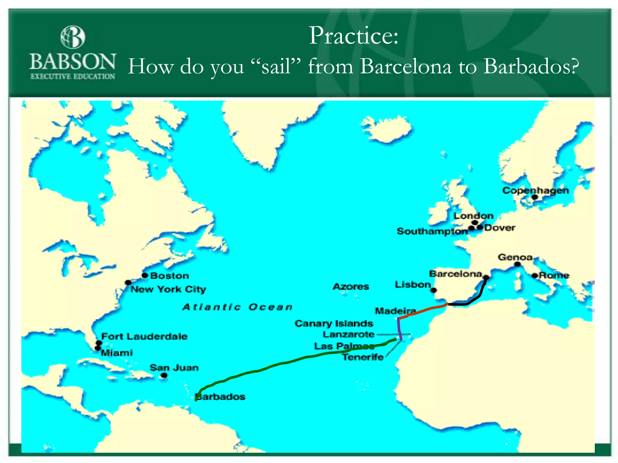 Practice:
How do you “sail” from Barcelona to Barbados?
 