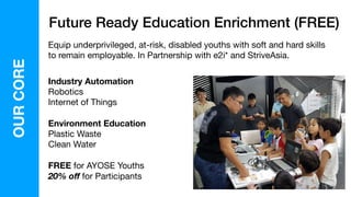 OURCORE Future Ready Education Enrichment (FREE)
Equip underprivileged, at-risk, disabled youths with soft and hard skills
to remain employable. In Partnership with e2i* and StriveAsia.
Industry Automation 
Robotics 
Internet of Things

Environment Education 
Plastic Waste 
Clean Water

FREE for AYOSE Youths 
20% oﬀ for Participants
 
