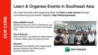 OURCORE Learn & Organise Events in Southeast Asia
You Learn the best event organising Skills and Earn a side income through
commissioning such events. Register: http://bit.ly/ayoevents
Make ASEAN Friends 
Identify an area you wish to experience, join
Event Teams with other youths in Southeast
Asia

Plan & Execute 
Work with Govt, Companies & Organisations
to derive needs, plan and execute event.

Rewards 
Certiﬁcate from ASEAN Youth Organisation.
Receive Potential Job Oﬀers and/or
Business Opportunities.
 