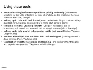 Using these tools:
• to solve learning/performance problems quickly and easily (ain't no one
  checking for the LMS or looking for their CLO's take on the problem); they use
  Wikihow, YouTube, Google.
• to keep up to date with their industry and profession (blogs, podcasts - they
  may look for it, but they also use RSS to make stuff come to them)
• to build a Personal Learning Network (Google+, Facebook, etc, to
  brainstorm, ask questions, learn without knowing it - serendipitous learning!)
• to keep up to date w/what is happening inside their orgs (Chatter, Yammer,
  Dropbox, etc)
• to share what they know and learn with their colleagues (creating content -
  Jing, screenr, Prezi, YouTube, etc)
• to reflect on what they are doing and learning - and to share their thoughts
  and experiences (see the ITA groups individual blogs)




Jane Hart
 
