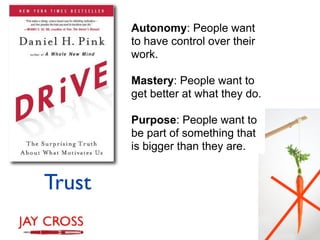 Autonomy: People want
        to have control over their
        work.

        Mastery: People want to
        get better at what they do.

        Purpose: People want to
        be part of something that
        is bigger than they are.


Trust
 