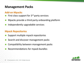 19 © Hortonworks Inc. 2011 – 2017. All Rights Reserved
Management Packs
 Support multiple mpack repositories
 Search and discover management packs
 Compatibility between management packs
 Recommendations for mpack bundles
Add-on Mpacks
 First class support for 3rd party services
 Mpacks provide a third party onboarding platform
 Independently upgradable services
Mpack Repositories
 