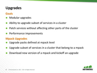 25 © Hortonworks Inc. 2011 – 2017. All Rights Reserved
Upgrades
 Modular upgrades
 Ability to upgrade subset of services in a cluster
 Patch services without affecting other parts of the cluster
 Performance improvements
Goals
Mpack Upgrades
 Upgrade packs defined at mpack level
 Upgrade subset of services in a cluster that belong to a mpack
 Download new version of a mpack and kickoff an upgrade
 