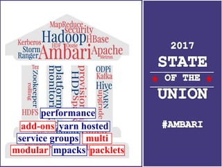 38 © Hortonworks Inc. 2011 – 2017. All Rights Reserved
mpacksmodular packlets
service groups multi
yarn hostedadd-ons
performance
 