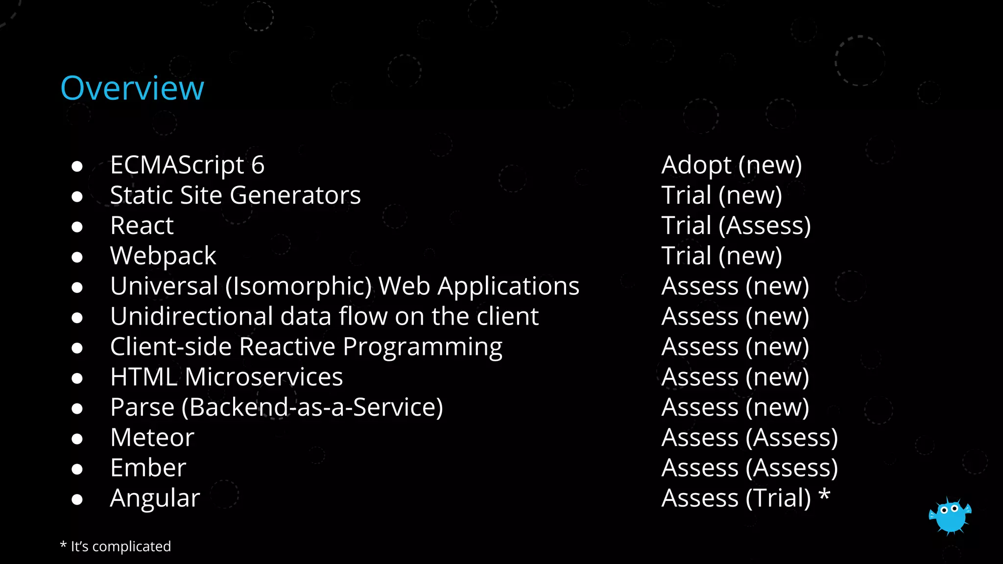 Overview
● ECMAScript 6 Adopt (new)
● Static Site Generators Trial (new)
● React Trial (Assess)
● Webpack Trial (new)
● Universal (Isomorphic) Web Applications Assess (new)
● Unidirectional data flow on the client Assess (new)
● Client-side Reactive Programming Assess (new)
● HTML Microservices Assess (new)
● Parse (Backend-as-a-Service) Assess (new)
● Meteor Assess (Assess)
● Ember Assess (Assess)
● Angular Assess (Trial) *
* It’s complicated
 
