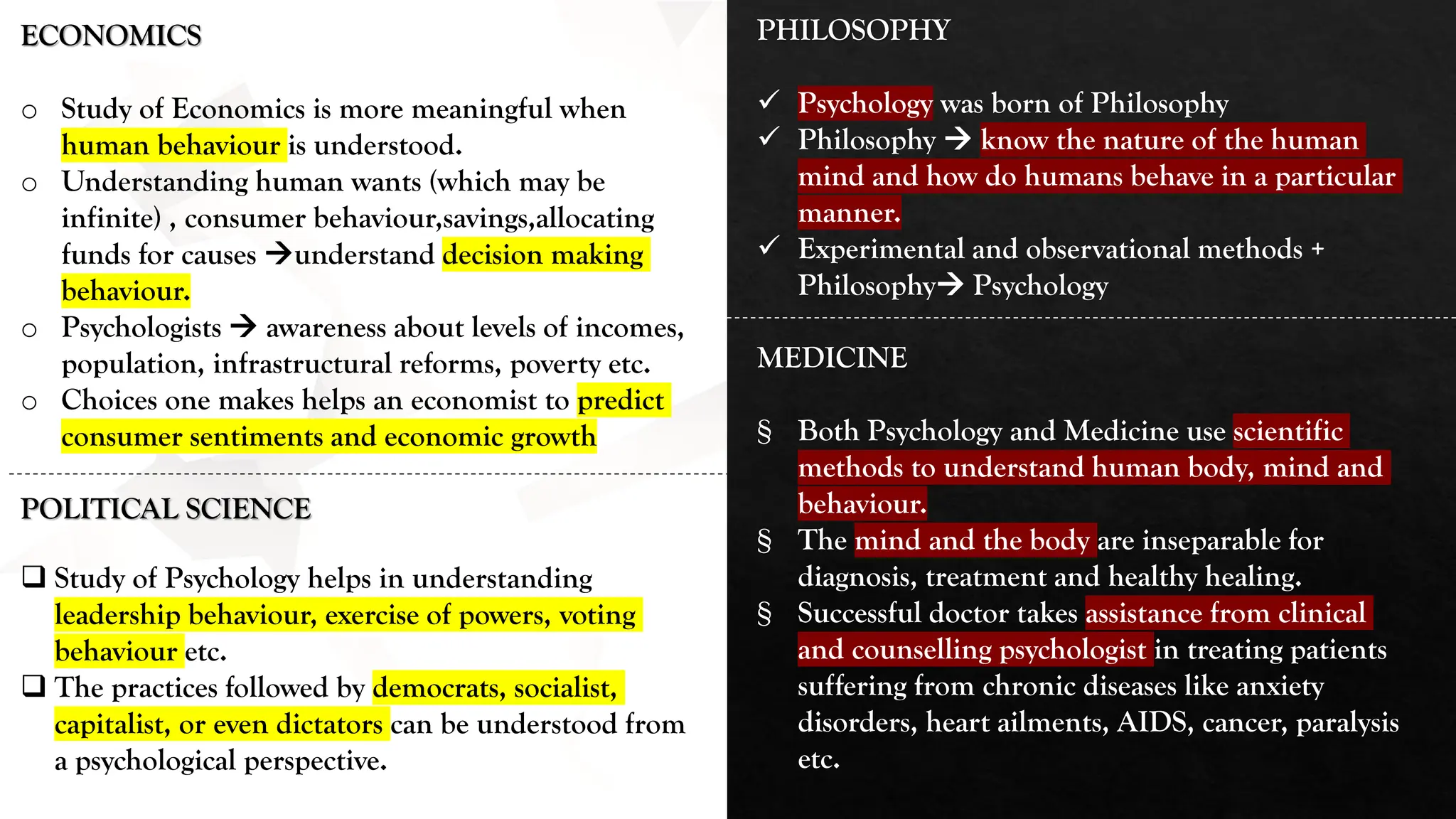 ECONOMICS
o Study of Economics is more meaningful when
human behaviour is understood.
o Understanding human wants (which may be
infinite) , consumer behaviour,savings,allocating
funds for causes →understand decision making
behaviour.
o Psychologists → awareness about levels of incomes,
population, infrastructural reforms, poverty etc.
o Choices one makes helps an economist to predict
consumer sentiments and economic growth
POLITICAL SCIENCE
❑ Study of Psychology helps in understanding
leadership behaviour, exercise of powers, voting
behaviour etc.
❑ The practices followed by democrats, socialist,
capitalist, or even dictators can be understood from
a psychological perspective.
PHILOSOPHY
✓ Psychology was born of Philosophy
✓ Philosophy → know the nature of the human
mind and how do humans behave in a particular
manner.
✓ Experimental and observational methods +
Philosophy→ Psychology
MEDICINE
§ Both Psychology and Medicine use scientific
methods to understand human body, mind and
behaviour.
§ The mind and the body are inseparable for
diagnosis, treatment and healthy healing.
§ Successful doctor takes assistance from clinical
and counselling psychologist in treating patients
suffering from chronic diseases like anxiety
disorders, heart ailments, AIDS, cancer, paralysis
etc.
 