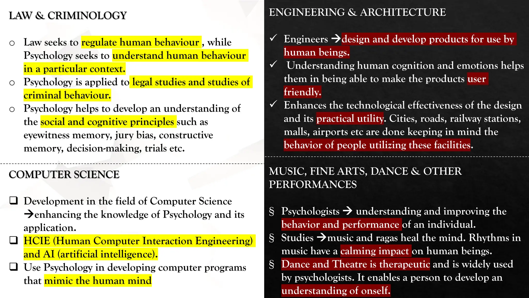 LAW & CRIMINOLOGY
o Law seeks to regulate human behaviour , while
Psychology seeks to understand human behaviour
in a particular context.
o Psychology is applied to legal studies and studies of
criminal behaviour.
o Psychology helps to develop an understanding of
the social and cognitive principles such as
eyewitness memory, jury bias, constructive
memory, decision-making, trials etc.
COMPUTER SCIENCE
❑ Development in the field of Computer Science
→enhancing the knowledge of Psychology and its
application.
❑ HCIE (Human Computer Interaction Engineering)
and AI (artificial intelligence).
❑ Use Psychology in developing computer programs
that mimic the human mind
ENGINEERING & ARCHITECTURE
✓ Engineers →design and develop products for use by
human beings.
✓ Understanding human cognition and emotions helps
them in being able to make the products user
friendly.
✓ Enhances the technological effectiveness of the design
and its practical utility. Cities, roads, railway stations,
malls, airports etc are done keeping in mind the
behavior of people utilizing these facilities.
MUSIC, FINE ARTS, DANCE & OTHER
PERFORMANCES
§ Psychologists → understanding and improving the
behavior and performance of an individual.
§ Studies →music and ragas heal the mind. Rhythms in
music have a calming impact on human beings.
§ Dance and Theatre is therapeutic and is widely used
by psychologists. It enables a person to develop an
understanding of onself.
 