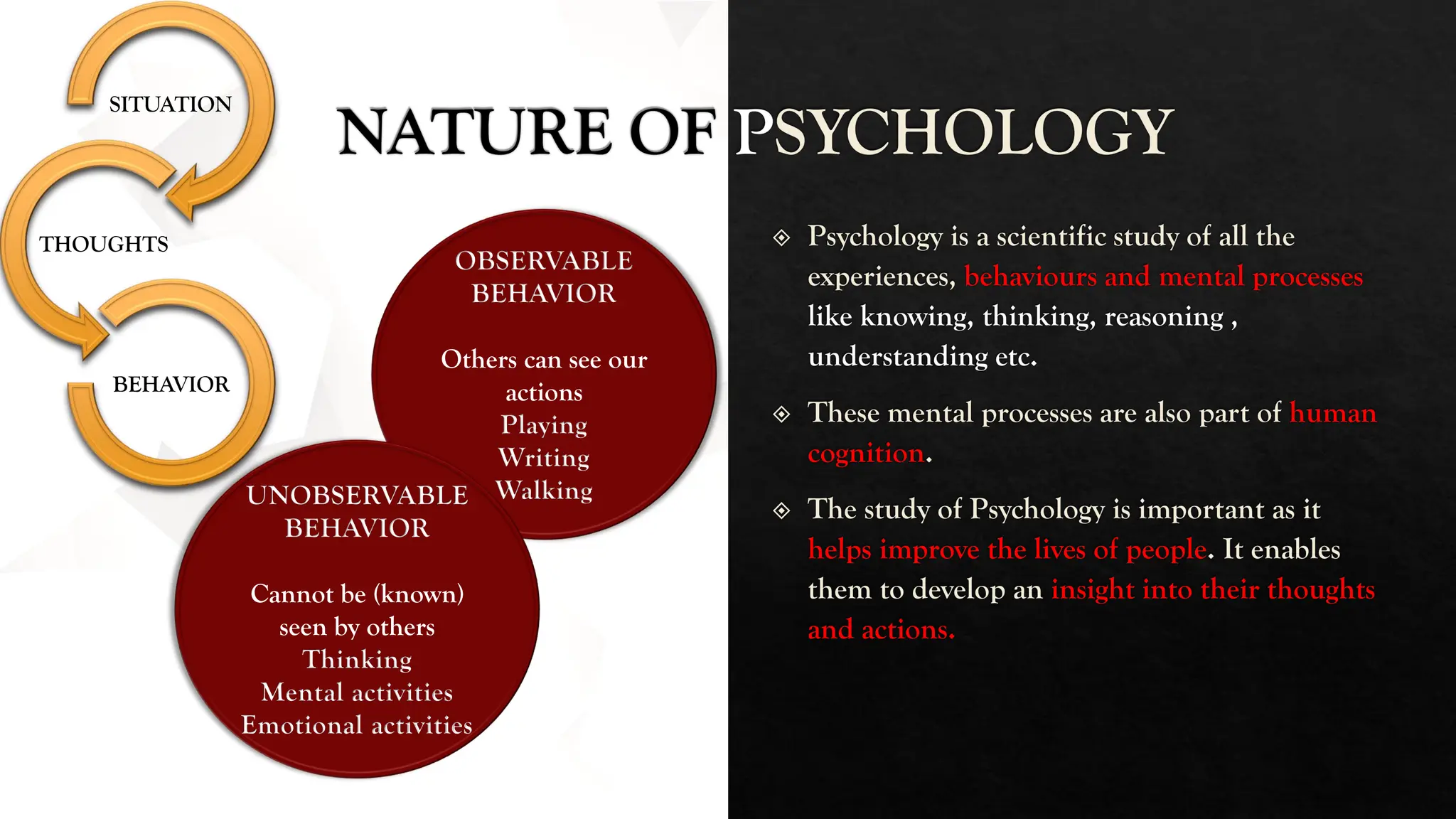 Psychology is a scientific study of all the
experiences, behaviours and mental processes
like knowing, thinking, reasoning ,
understanding etc.
These mental processes are also part of human
cognition.
The study of Psychology is important as it
helps improve the lives of people. It enables
them to develop an insight into their thoughts
and actions.
NATURE OF PSYCHOLOGY
SITUATION
THOUGHTS
BEHAVIOR
OBSERVABLE
BEHAVIOR
Others can see our
actions
Playing
Writing
Walking
UNOBSERVABLE
BEHAVIOR
Cannot be (known)
seen by others
Thinking
Mental activities
Emotional activities
 
