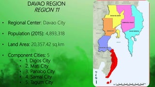 DAVAO REGION
REGION 11
• Municipalities: 43
• Barangays: 1162
• Cong. District: 11
• Dialects: Cebuano, Mandaya,
Dibabawon...