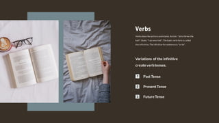 Verbs
Verbs describe actions andstates. Action:"Johnthrew the
ball". State: "I am worried". The basic verb form is called
the infinitive. The infinitive for existence is "to be".
Variations of the infinitive
create verbtenses.
Past Tense
PresentTense
Future Tense
 