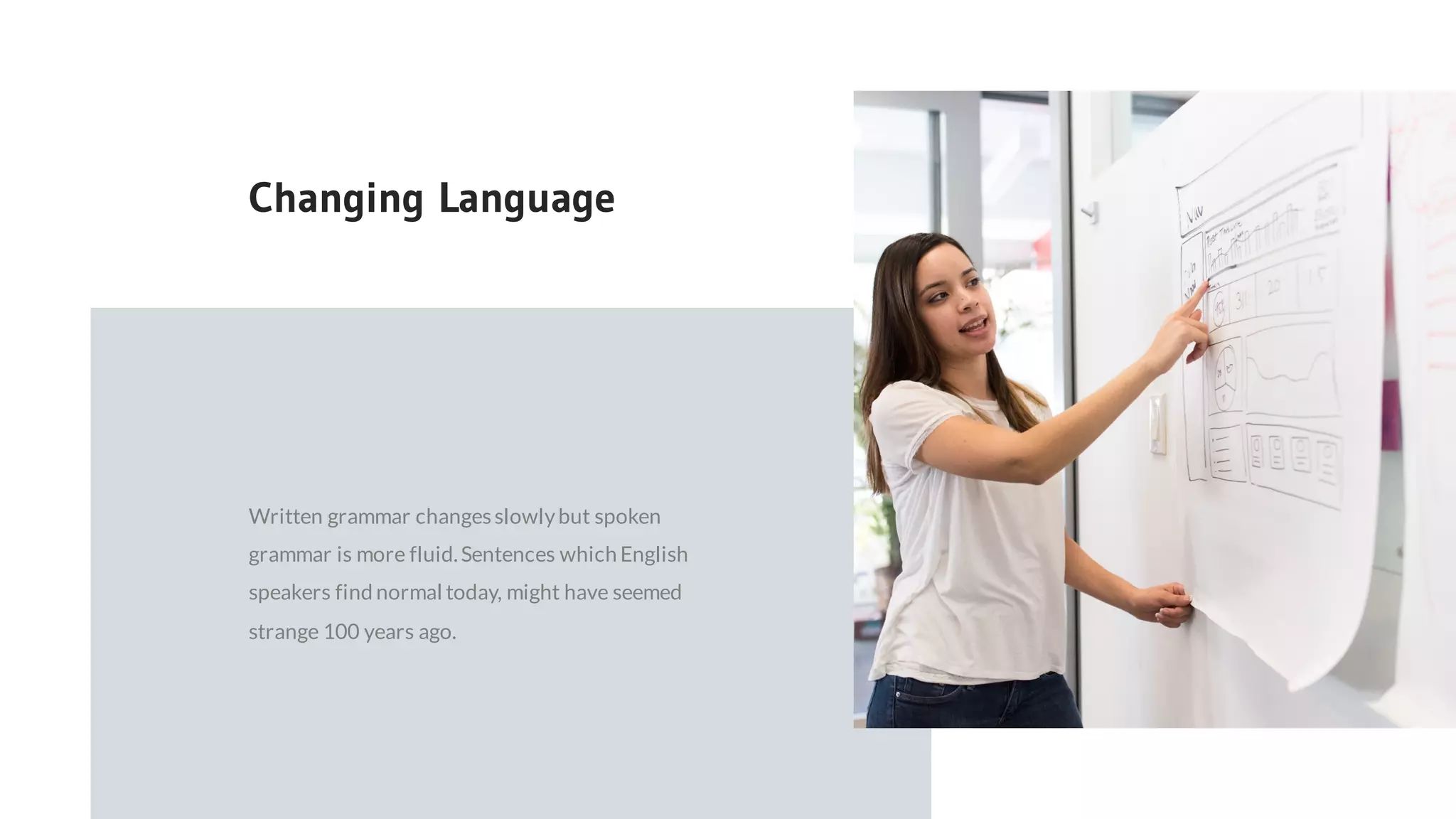 Changing Language
Written grammar changesslowlybut spoken
grammar is more fluid.Sentences which English
speakers find normal today, might have seemed
strange 100 years ago.
 