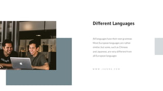 All languageshave their own grammar.
Most European languages are rather
similar,but some, such as Chinese
and Japanese, are very differentfrom
all European languages
Different Languages
W W W . J A Z E R A . C O M
 