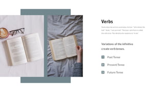 Verbs
Verbs describe actions andstates. Action:"Johnthrew the
ball". State: "I am worried". The basic verb form is called
the infinitive. The infinitive for existence is "to be".
Variations of the infinitive
create verbtenses.
Past Tense
PresentTense
Future Tense
 