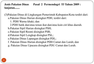 21
Jenis Pakaian Dinas Pasal 2 Permendagri 53 Tahun 2009 :
lanjutan.......
(3)Pakaian Dinas di Lingkungan Pemerintah Kabupaten/Kota terdiri dari:
a.Pakaian Dinas Harian disingkat PDH, terdiri dari:
1. PDH Warna khaki; dan
2.PDH batik dan/atau tenun ikat dan/atau kain ciri khas daerah.
b.Pakaian Sipil Harian disingkat PSH;
c.Pakaian Sipil Resmi disingkat PSR;
d.Pakaian Sipil Lengkap disingkat PSL;
e.Pakaian Dinas Lapangan disingkat PDL;
f. Pakaian Dinas Harian disingkat PDH Camat dan Lurah; dan
g. Pakaian Dinas Upacara disingkat PDU Camat dan Lurah.
 