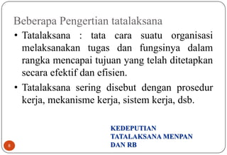 Beberapa Pengertian tatalaksana
KEDEPUTIAN
TATALAKSANA MENPAN
DAN RB8
• Tatalaksana : tata cara suatu organisasi
melaksanakan tugas dan fungsinya dalam
rangka mencapai tujuan yang telah ditetapkan
secara efektif dan efisien.
• Tatalaksana sering disebut dengan prosedur
kerja, mekanisme kerja, sistem kerja, dsb.
 