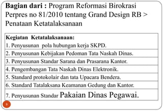 9
Bagian dari : Program Reformasi Birokrasi
Perpres no 81/2010 tentang Grand Design RB >
Penataan Ketatalaksanaan
Kegiatan Ketatalaksanaan:
1. Penyusunan pola hubungan kerja SKPD.
2. Penyusunan Kebijakan Pedoman Tata Naskah Dinas.
3. Penyusunan Standar Sarana dan Prasarana Kantor.
4. Pengembangan Tata Naskah Dinas Elektronik.
5. Standard protokolair dan tata Upacara Bendera.
6. Standard Tatalaksana Keamanan Gedung dan Kantor.
7. Penyusunan Standar Pakaian Dinas Pegawai.
 