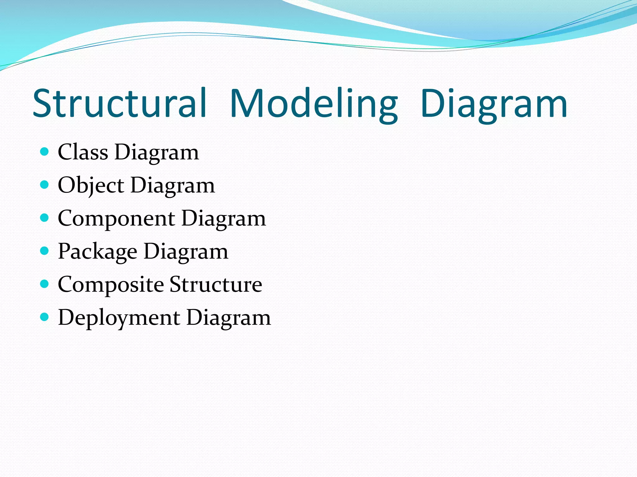 Structural Modeling Diagram
 Class Diagram
 Object Diagram
 Component Diagram

 Package Diagram
 Composite Structure
 Deployment Diagram

 