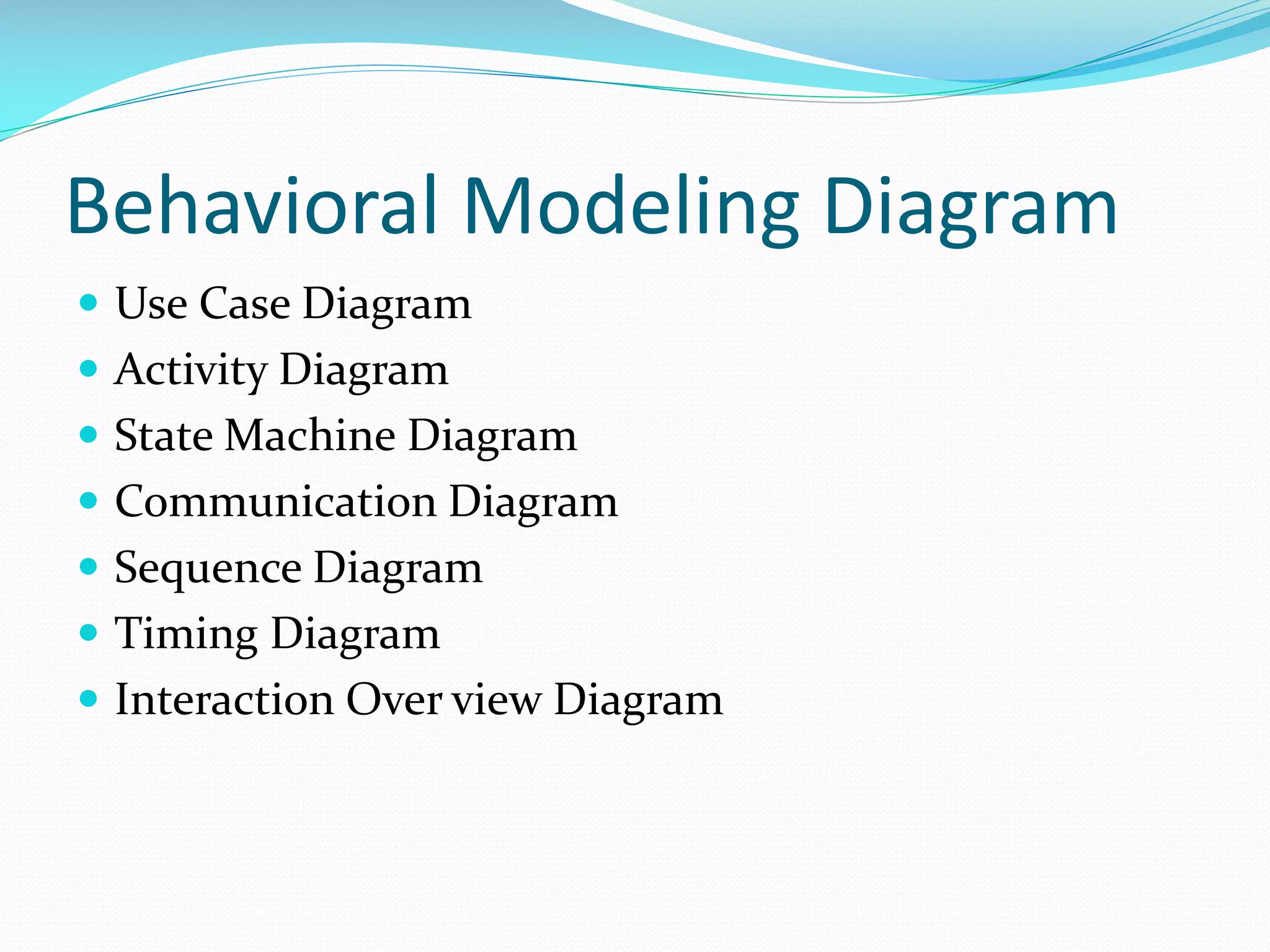 Behavioral Modeling Diagram
 Use Case Diagram
 Activity Diagram
 State Machine Diagram

 Communication Diagram
 Sequence Diagram
 Timing Diagram

 Interaction Over view Diagram

 