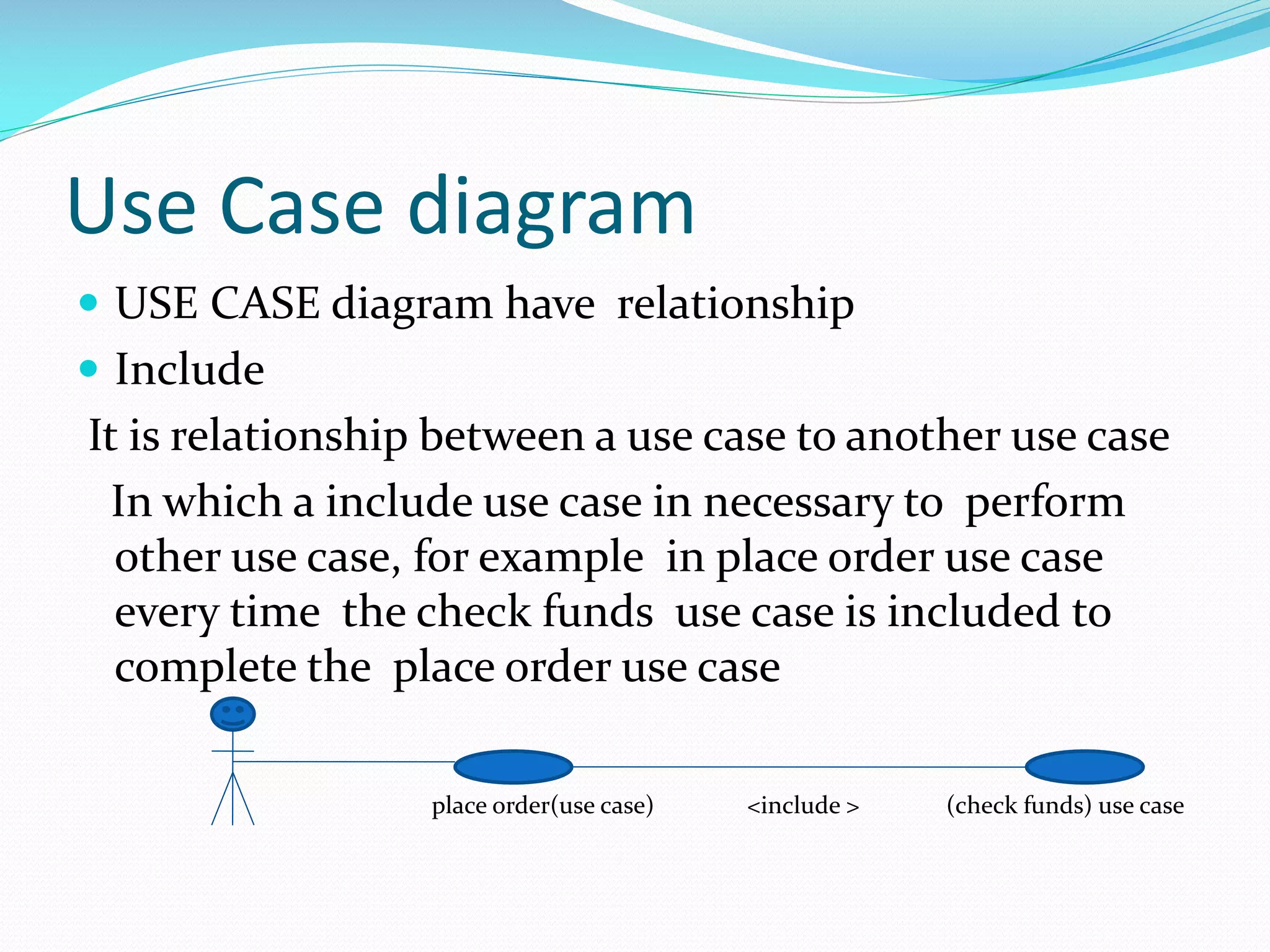 Use Case diagram
 USE CASE diagram have relationship
 Include

It is relationship between a use case to another use case
In which a include use case in necessary to perform
other use case, for example in place order use case
every time the check funds use case is included to
complete the place order use case
place order(use case)

<include >

(check funds) use case

 