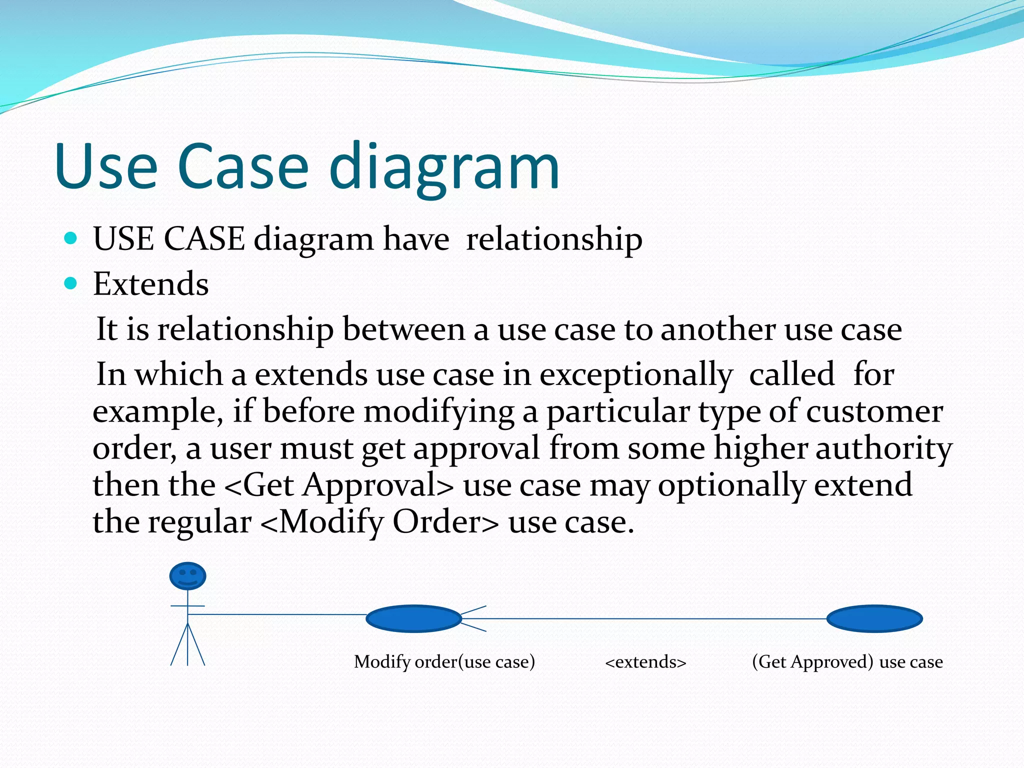 Use Case diagram
 USE CASE diagram have relationship
 Extends

It is relationship between a use case to another use case
In which a extends use case in exceptionally called for
example, if before modifying a particular type of customer
order, a user must get approval from some higher authority
then the <Get Approval> use case may optionally extend
the regular <Modify Order> use case.

Modify order(use case)

<extends>

(Get Approved) use case

 