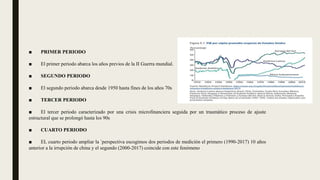 ■ PRIMER PERIODO
■ El primer periodo abarca los años previos de la II Guerra mundial.
■ SEGUNDO PERIODO
■ El segundo periodo abarca desde 1950 hasta fines de los años 70s
■ TERCER PERIODO
■ El tercer periodo caracterizado por una crisis microfinanciera seguida por un traumático proceso de ajuste
estructural que se prolongó hasta los 90s
■ CUARTO PERIODO
■ EL cuarto periodo ampliar la ´perspectiva escogimos dos periodos de medición el primero (1990-2017) 10 años
anterior a la irrupción de china y el segundo (2000-2017) coincide con este fenómeno
 