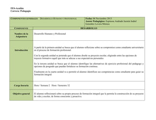 FES-Acatlán
Carrera: Pedagogía
COMPONENTES GENERALES

DESARROLLO HUMANO Y PROFESIONAL

COMPONENTE
Nombre de la
Asignatura

Introducción

Fecha: 06 Noviembre 2013
Asesor Pedagógico: Espinosa Andrade Jazmín Isabel
González Lovera Mónica
DESARROLLO

Desarrollo Humano y Profesional

A partir de la primera unidad se busca que el alumno reflexione sobre su compromiso como estudiante universitario
en el proceso de formación profesional.
Con la segunda unidad se pretende que el alumno diseñe su proyecto escolar, eligiendo entre las opciones de
trayecto formativo aquél que más se adecue a sus expectativas personales
En la tercera unidad se busca que el alumno identifique las alternativas de ejercicio profesional del pedagogo y
opciones de posgrado que puedan fortalecer su formación continua.
Finalmente en la cuarta unidad va a permitir al alumno identificar sus competencias como estudiante para guiar su
formación integral.

Carga horaria

Objetivo general

Hora / Semana 2 Hora / Semestre 32

El alumno reflexionará sobre su propio proceso de formación integral que le permita la construcción de su proyecto
de vida y escolar, de forma consciente y proactiva.

 
