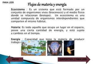 PARA LEER
INICIO DIAPOSITIVA 2 PARA LEER
Flujos de materia y energía
Ecosistema : Es un sistema que está formado por un
conjunto de organismos vivos (biocenosis) y el medio físico
donde se relacionan (biotopo). Un ecosistema es una
unidad compuesta de organismos interdependientes que
comparten el mismo hábitat.
Materia: Es todo aquello que ocupa un lugar en el espacio,
posee una cierta cantidad de energía, y está sujeto
a cambios en el tiempo.
Energía : Capacidad que tiene la materia de producir
trabajo en forma de movimiento, luz, calor, etc
 