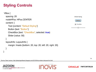 Styling ControlsVBox {    spacing: 20nodeHPos: HPos.CENTER    content: [        Text {content: "Default Styling"}        Button {text: "Button"}CheckBox {text: "CheckBox", selected: true}        Slider {value: 50}    ]layoutInfo: LayoutInfo {        margin: Insets {bottom: 20, top: 20, left: 20, right: 20}    }}14Source: Dean Iverson, http://pleasingsoftware.blogspot.com/2010/04/so-whats-it-all-good-for.html