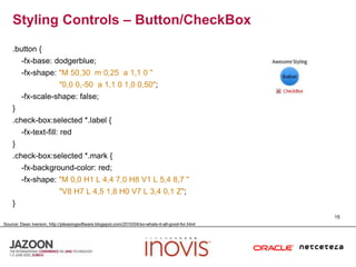 Styling Controls – Button/CheckBox.button {    -fx-base: dodgerblue;    -fx-shape: "M 50,30  m 0,25  a 1,1 0 ""0,0 0,-50  a 1,1 0 1,0 0,50";    -fx-scale-shape: false;}.check-box:selected *.label {    -fx-text-fill: red}.check-box:selected *.mark {    -fx-background-color: red;    -fx-shape: "M 0,0 H1 L 4,4 7,0 H8 V1 L 5,4 8,7""V8 H7 L 4,5 1,8 H0 V7 L 3,4 0,1 Z";}15Source: Dean Iverson, http://pleasingsoftware.blogspot.com/2010/04/so-whats-it-all-good-for.html