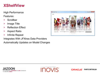 XShelfViewHigh PerformanceFeatures:ScrollbarImage TitleReflection EffectAspect RatioInfinite RepeatIntegrates With JFXtras Data ProvidersAutomatically Updates on Model Changes