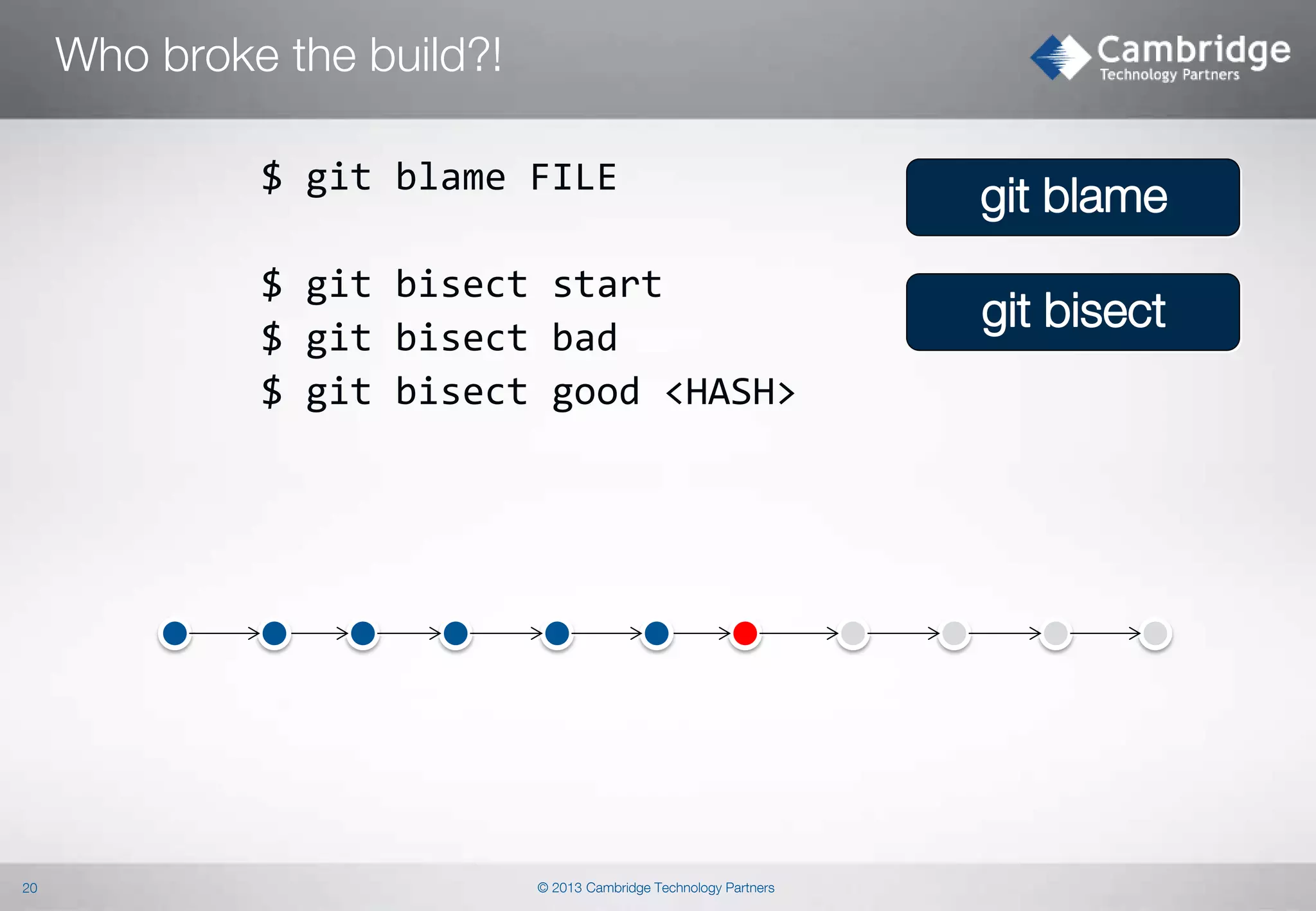 Who broke the build?!
$ git blame FILE
$ git bisect start
$ git bisect bad
$ git bisect good <HASH>

20

© 2013 Cambridge Technology Partners

git blame
git bisect

 