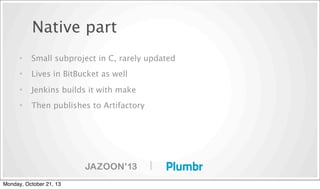 Native part
•

Small subproject in C, rarely updated

•

Lives in BitBucket as well

•

Jenkins builds it with make

•

Then publishes to Artifactory

|
Monday, October 21, 13

 