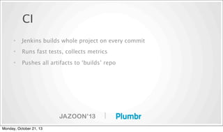 CI
•

Jenkins builds whole project on every commit

•

Runs fast tests, collects metrics

•

Pushes all artifacts to ‘builds’ repo

|
Monday, October 21, 13

 
