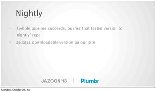 Nightly
•

If whole pipeline succeeds, pushes that tested version to
‘nightly’ repo

•

Updates downloadable version on our site

|
Monday, October 21, 13

 