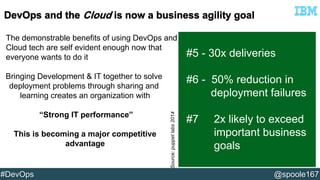 The demonstrable benefits of using DevOps and 
Cloud tech are self evident enough now that 
everyone wants to do it 
Bringing Development & IT together to solve 
deployment problems through sharing and 
learning creates an organization with 
“Strong IT performance” 
This is becoming a major competitive 
advantage 
#5 - 30x deliveries 
#6 - 50% reduction in 
deployment failures 
#7 2x likely to exceed 
important business 
goals 
Source: puppet labs 2014 
#DevOps @spoole167 
 