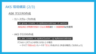 AKS 環境構築 (2/3)
ASK クラスタの作成
・ リソースグループの作成
az group create –n myResourceGroup –l westus
AKS/ACI が利用できるリージョンに制限あり → 米国西部などを使用
・ AKS クラスタの作成
az aks create -n myAksCluster -g myResourceGroup
デフォルト (オプションを何もつけない) の場合
→ サイズ 「DS1v2」 のノードが 「3つ」 作成される (料金を確認しておきましょう)
 