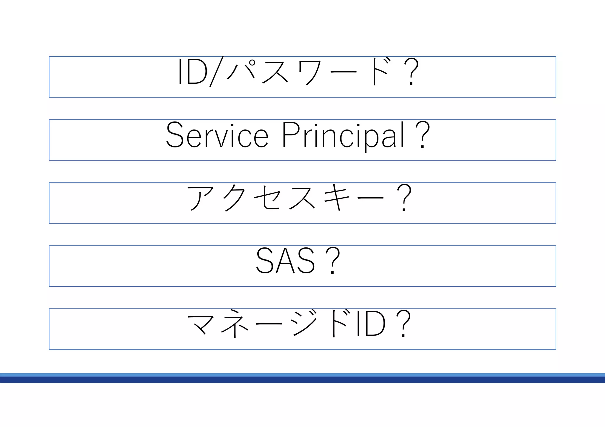 ID/パスワード？
アクセスキー？
SAS？
マネージドID？
Service Principal？
 