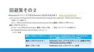 回避策その２
Xamarinネイティブ(下記はXamarin.iOS)の方法を使う https://is.gd/FStVJm
public override void RegisteredForRemoteNotifications(UIApplication application, NSData deviceToken) {
// 通知ハブへ接続する
var cs = SBConnectionString.CreateListenAccess(new NSUrl(通知ハブのエンドポイント),
通知ハブのアクセスキー);
var hub = new SBNotificationHub(cs, 通知ハブのハブ名); // 通知ハブにデバイスを登録する
hub.RegisterNativeAsync(deviceToken, null, err => {
//エラー処理
…
通知ハブのエンドポイント App Service→Notification Hub→[アクセスポリ
シー]→[接続文字列]のEndPoint=の部分
通知ハブのアクセスキー Notification Hub→[アクセスポリシー]→[接続文字列]
のSharedAccessKey=の部分
通知ハブのハブ名 Notification Hub→[プロパティ]→[名前
 