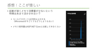 感想：ここが惜しい
• 起動が速くメモリ消費量が少ないという
特徴はあまり活かされない？
• コールドスタートは15秒以上かかる
（Micronautがすごくてもどうしようもない）
• メモリ使用量はASP.NET Coreと比較して半分くらい
 