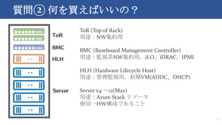 | ΤIФΣ
4
ToR (Top of Rack)
;NWs
BMC (Baseboard Management Controller)
;OҕϵNWsáiLOiDRACIPMI
HLH (Hardware Lifecycle Host)
;OҕáVM(ADDCDHCP)
Server x4 12(Max)
;Azure Stack ꥽`
ͬһHWɤǤ뤳
 