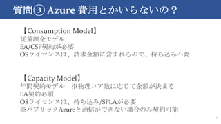 | Azure MäȤʤΣ
5
Consumption Model
nǥ
EA/CSPsҪ
OS饤󥹤ϡՈ~˺ޤΤǡ֤z߲Ҫ
Capacity Model
gsǥ ˏꤸƽ~Qޤ
EAs
OS饤󥹤ϡ֤z/SPLAҪ
ѥ֥åAzureͨŤǤʤϤΤs
 