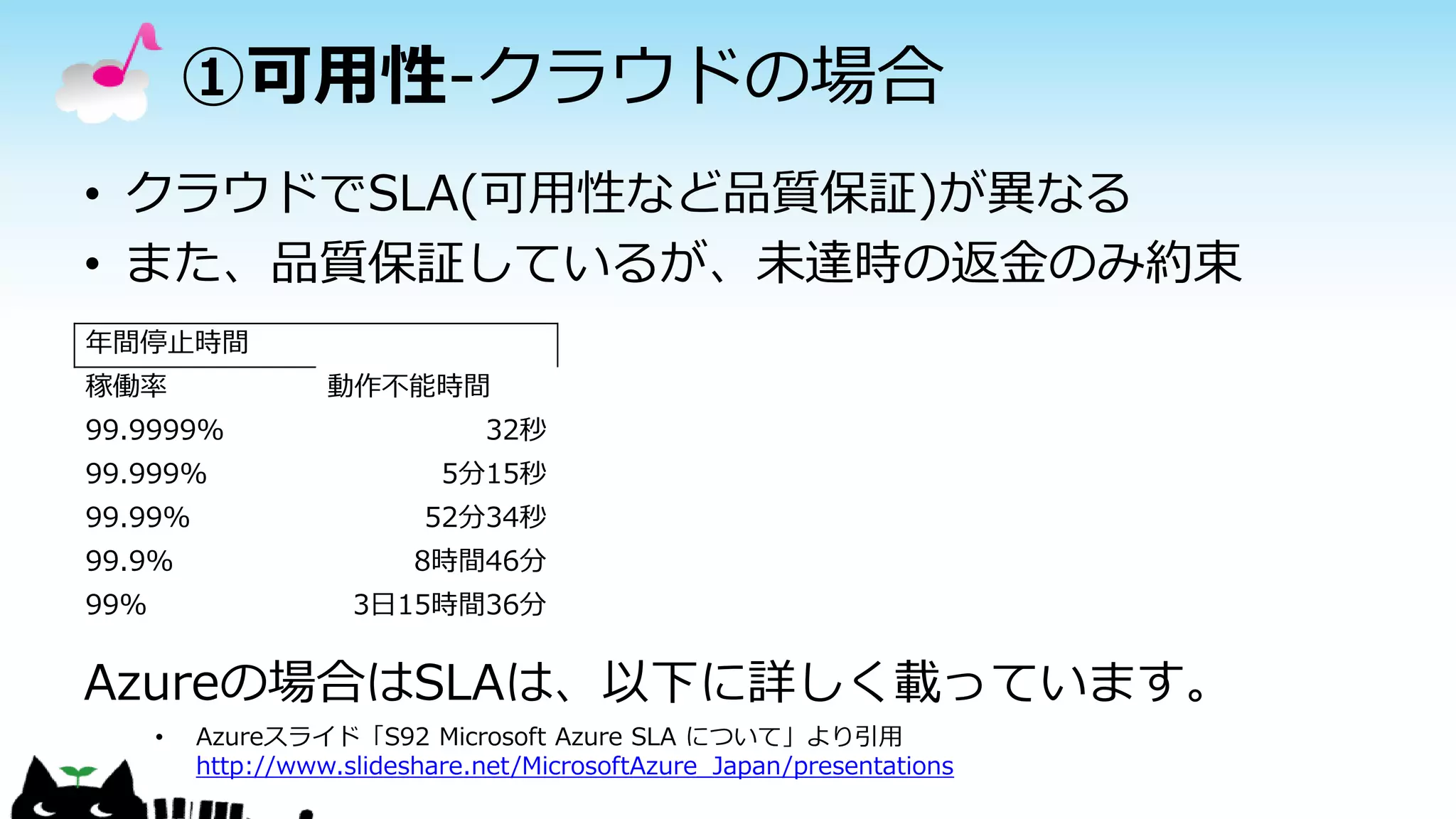 ①可用性-クラウドの場合
• クラウドでSLA(可用性など品質保証)が異なる
• また、品質保証しているが、未達時の返金のみ約束
Azureの場合はSLAは、以下に詳しく載っています。
年間停止時間
稼働率 動作不能時間
99.9999% 32秒
99.999% 5分15秒
99.99% 52分34秒
99.9% 8時間46分
99% 3日15時間36分
• Azureスライド「S92 Microsoft Azure SLA について」より引用
http://www.slideshare.net/MicrosoftAzure_Japan/presentations
 
