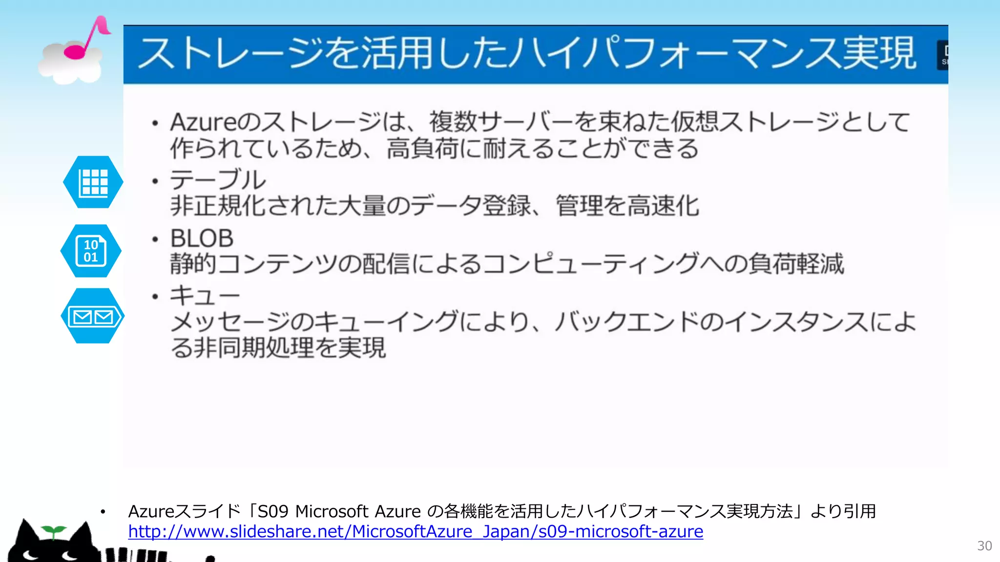 ストレージを活用したハイパフォーマンス
• Azureスライド「S09 Microsoft Azure の各機能を活用したハイパフォーマンス実現方法」より引用
http://www.slideshare.net/MicrosoftAzure_Japan/s09-microsoft-azure
30
 